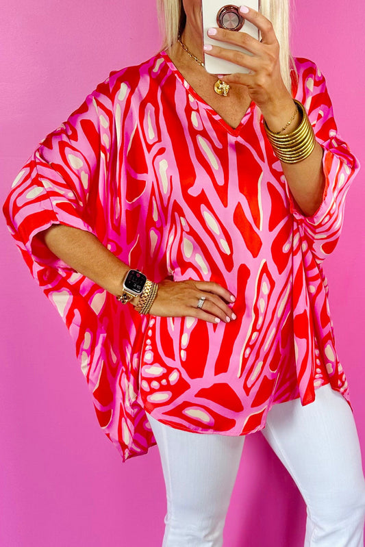 Red Abstract Print V Neck Batwing Sleeve Oversized Blouse Kittybear Krafts
