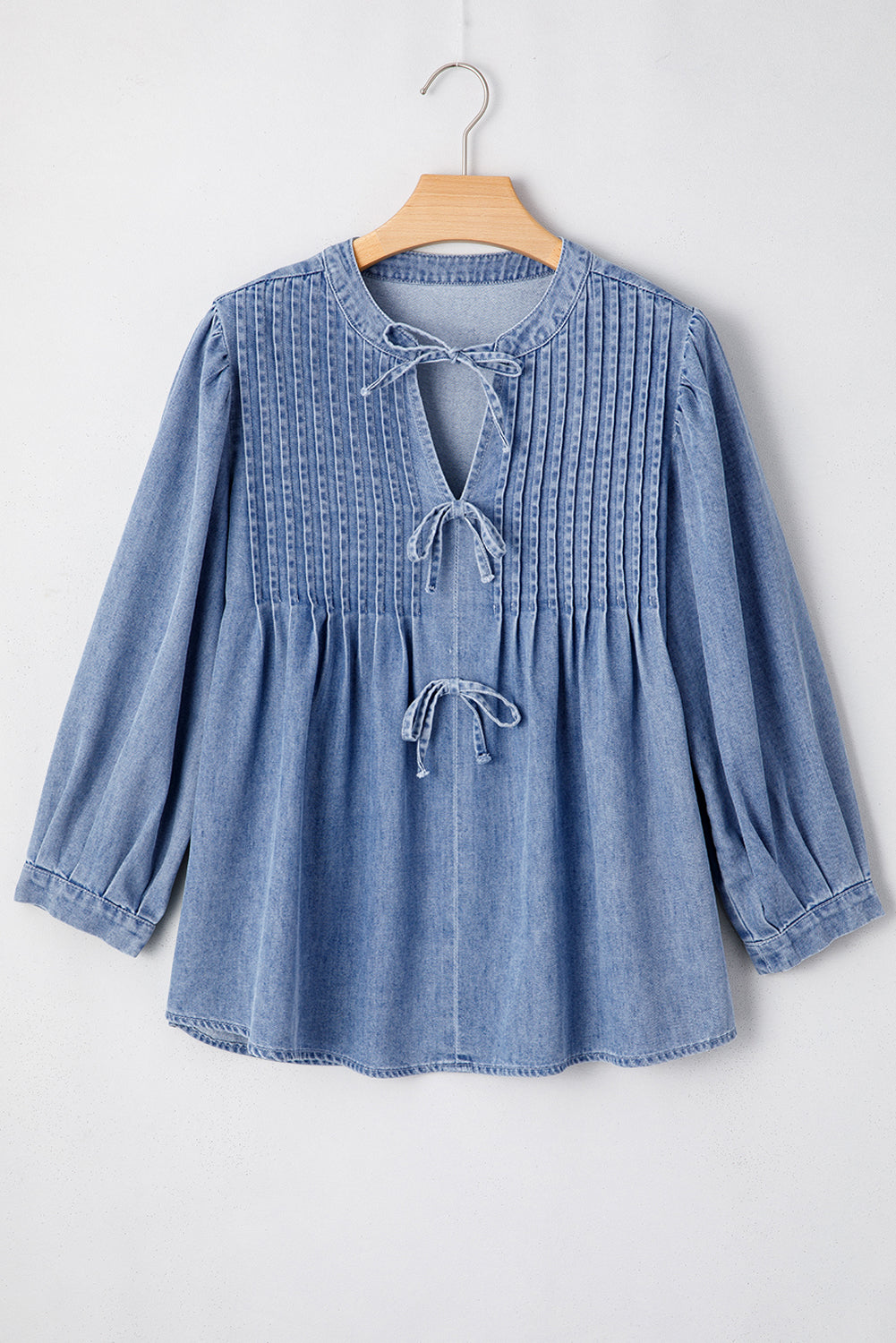 Myosotis Denim Front Pintuck Bow Tie Puff Sleeve Top Kittybear Krafts
