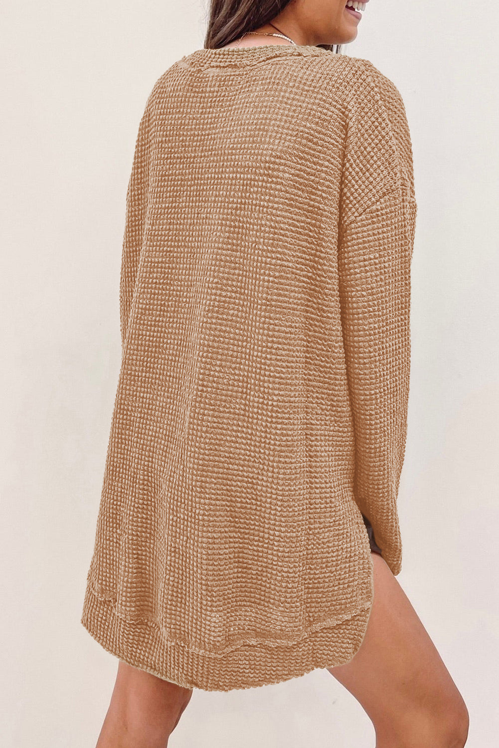 Khaki Waffle Knit High Slits Oversized Top Kittybear Krafts