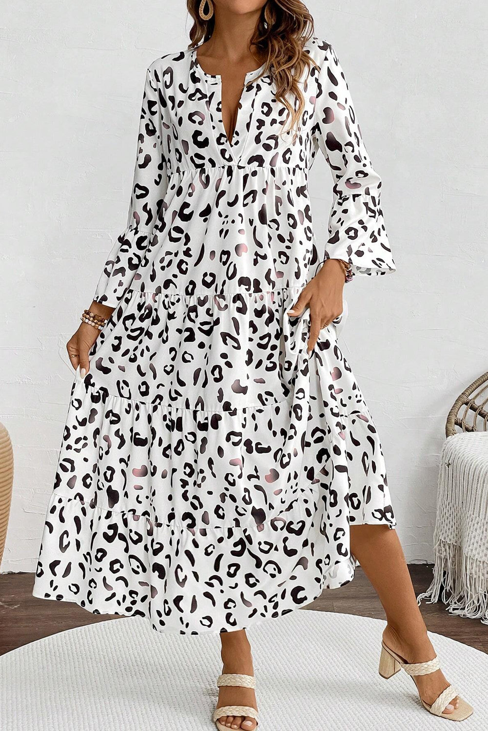 White Leopard Print Notch V Neck Loose Fit Maxi Dress Kittybear Krafts
