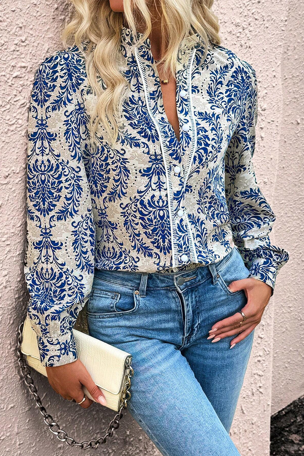 Blue Bohemian Printed Bishop Sleeve Lace Shirt Top Kittybear Krafts
