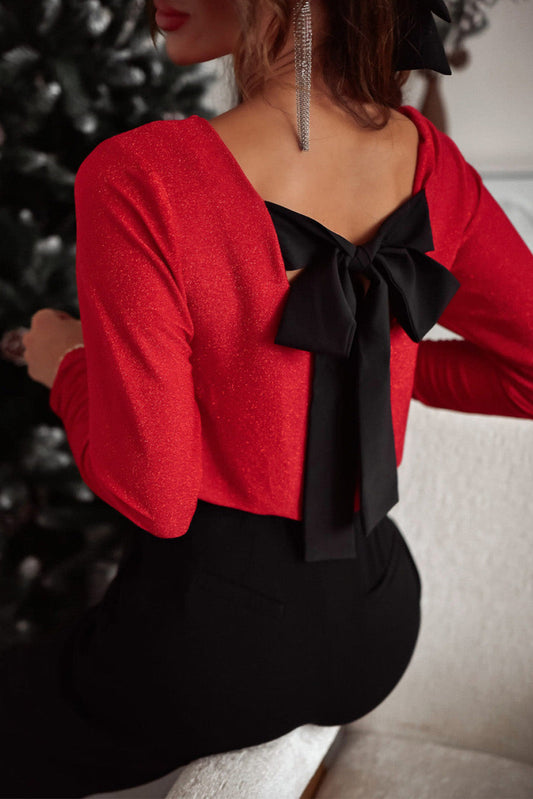Racing Red Metallic Bowknot Open Back V Neck Top Kittybear Krafts