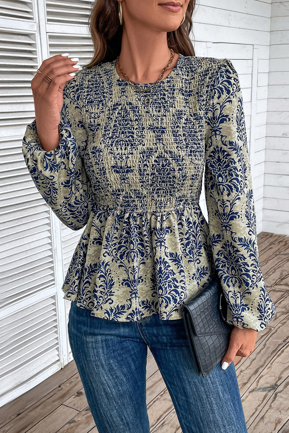 Blue Boho Printed Balloon Sleeve Smocked Peplum Blouse Kittybear Krafts