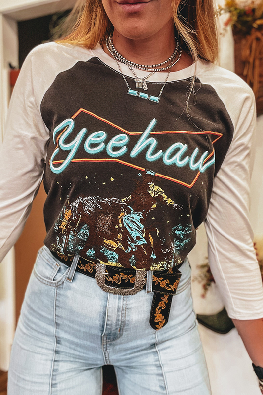 Brown Western Yeehaw Graphic Vintage Raglan Long Sleeve Top Kittybear Krafts