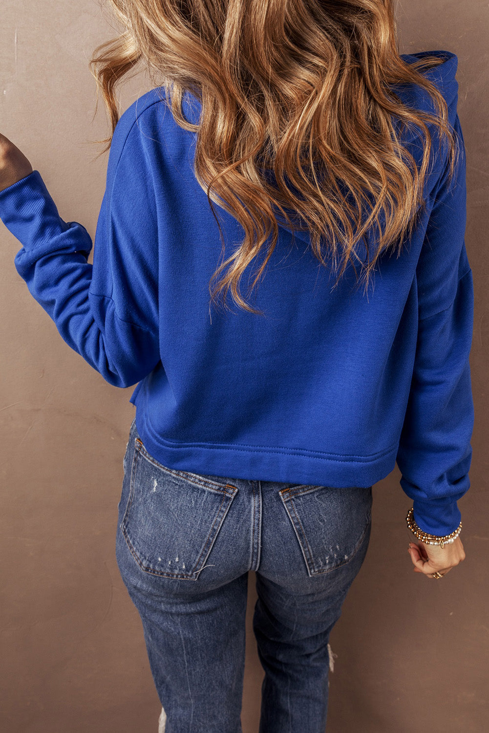 Dark Blue Solid Drop Shoulder Drawstring Cropped Hoodie Kittybear Krafts