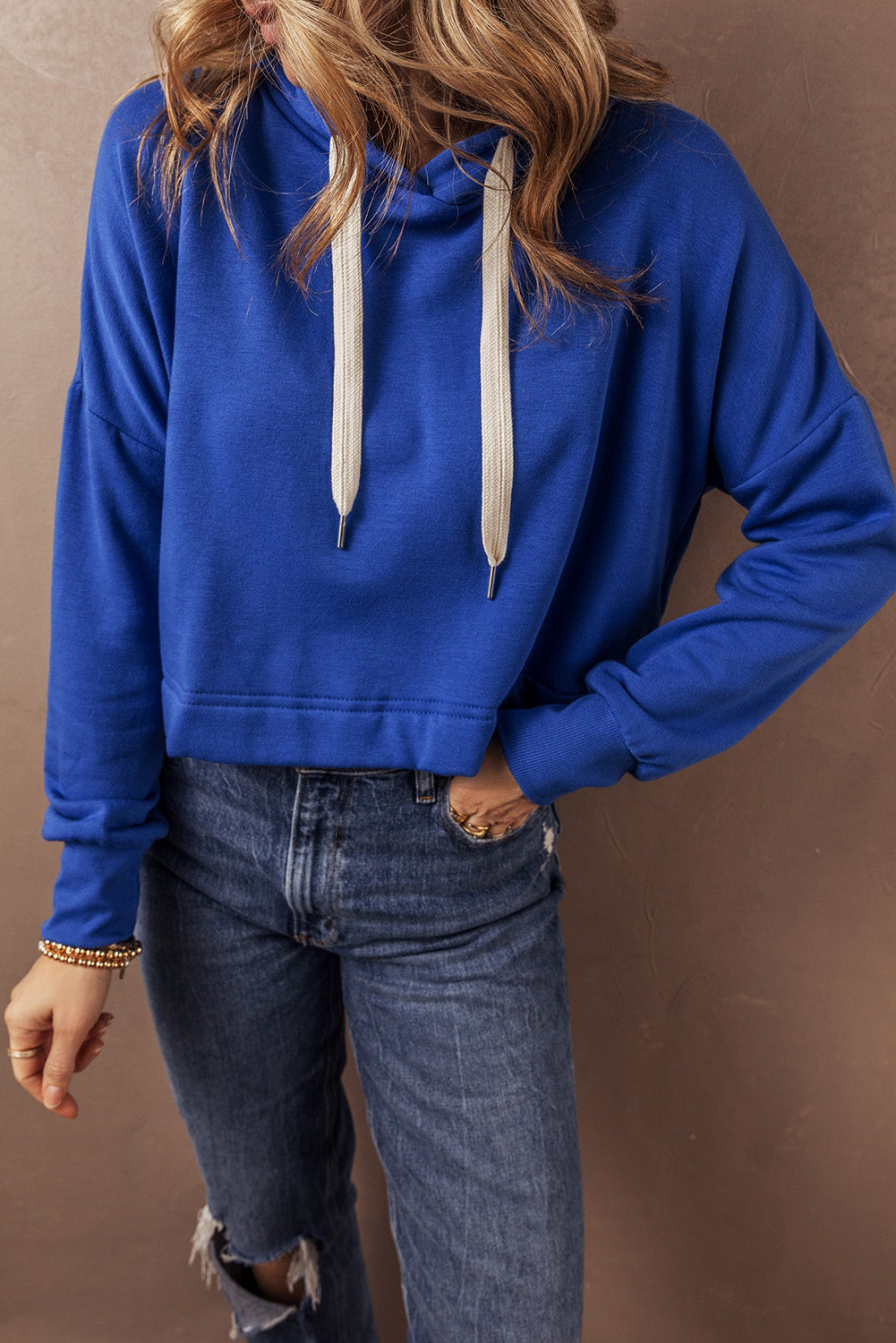 Dark Blue Solid Drop Shoulder Drawstring Cropped Hoodie Kittybear Krafts