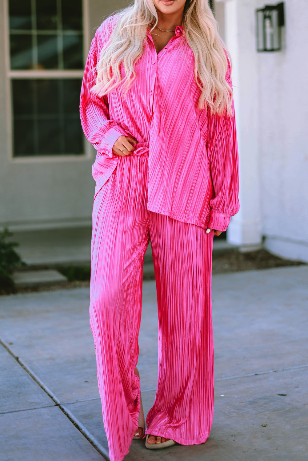 Rose Pleated Long Sleeve Shirt and Wide-Leg Pants Set Kittybear Krafts