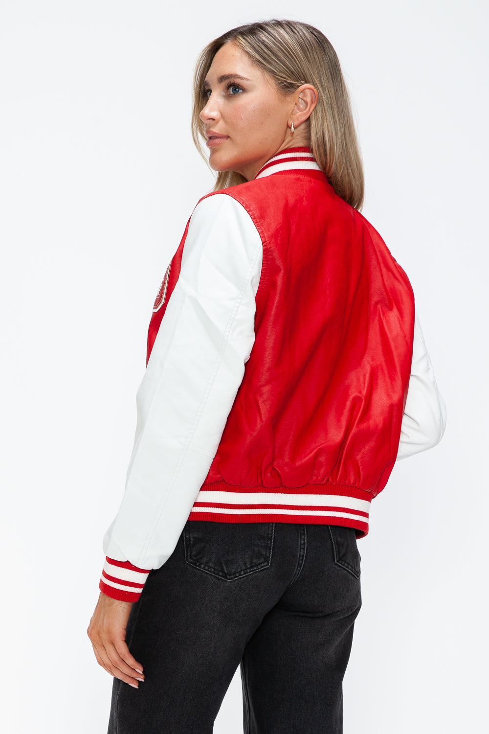Love Me Now PU Leather Contrast Snap Down Bomber Jacket Trendsi