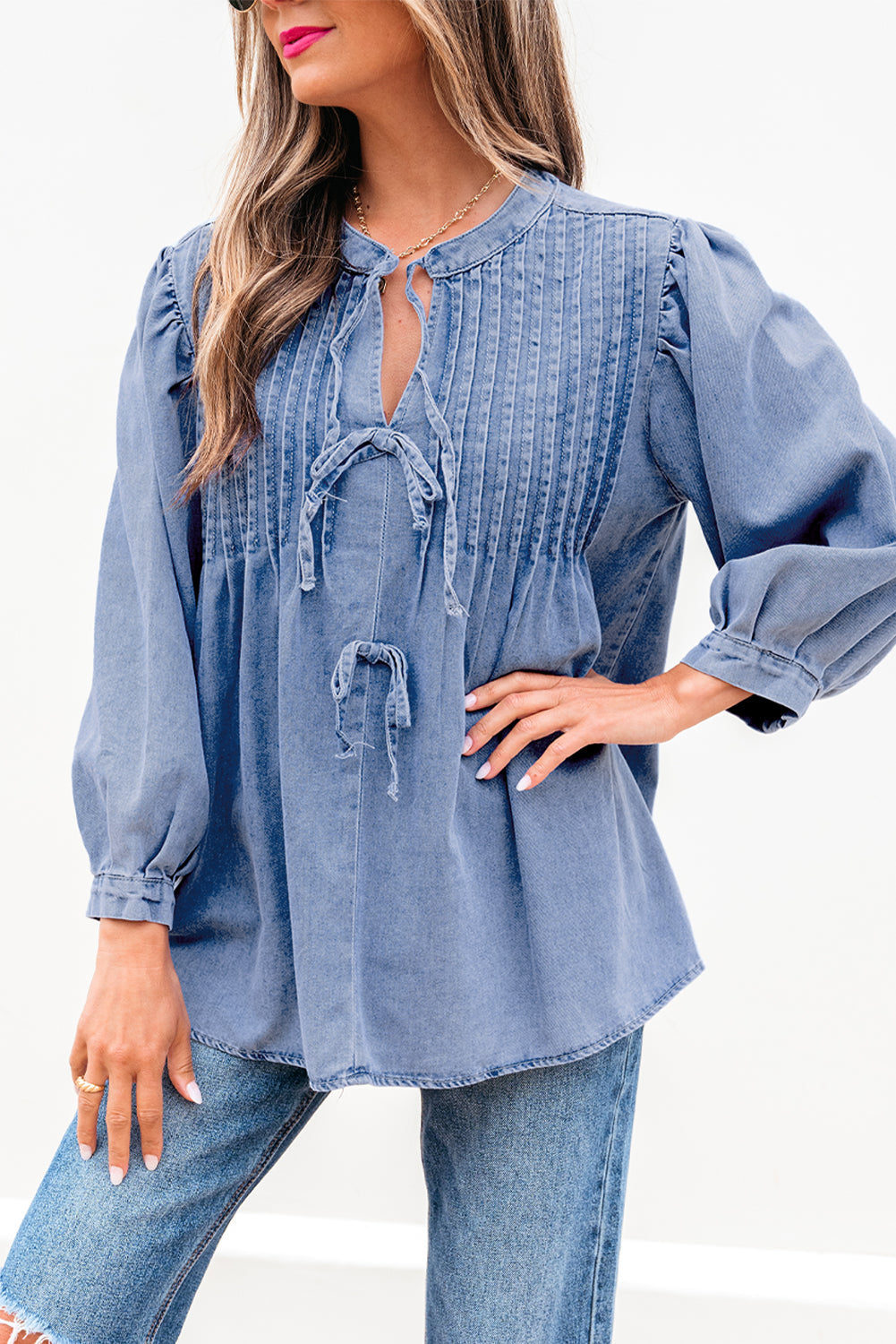 Myosotis Denim Front Pintuck Bow Tie Puff Sleeve Top Kittybear Krafts