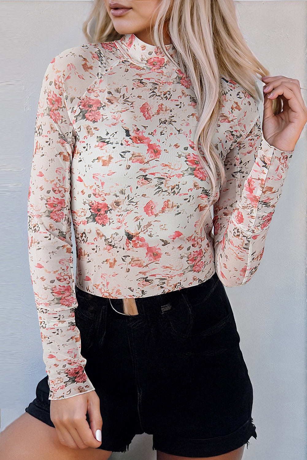 Pink Floral Long Sleeve High Neck Sheath Mesh Top Kittybear Krafts