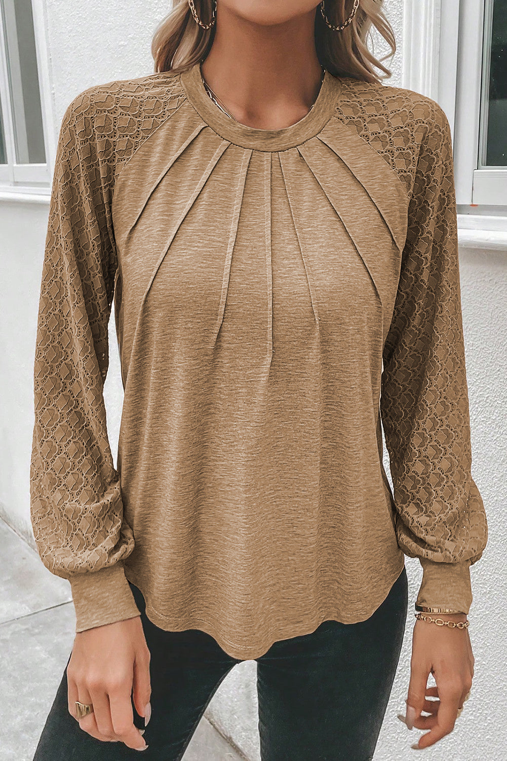 Light French Beige Contrast Lace Raglan Sleeve Plicate Round Neck Top Kittybear Krafts