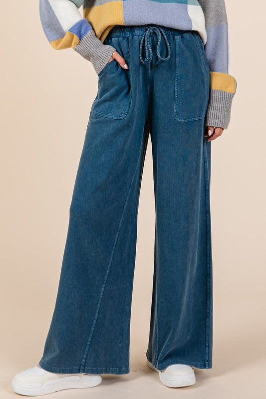 Mittoshop Mineral Wash French Terry Drawstring Wide Leg Pants Trendsi