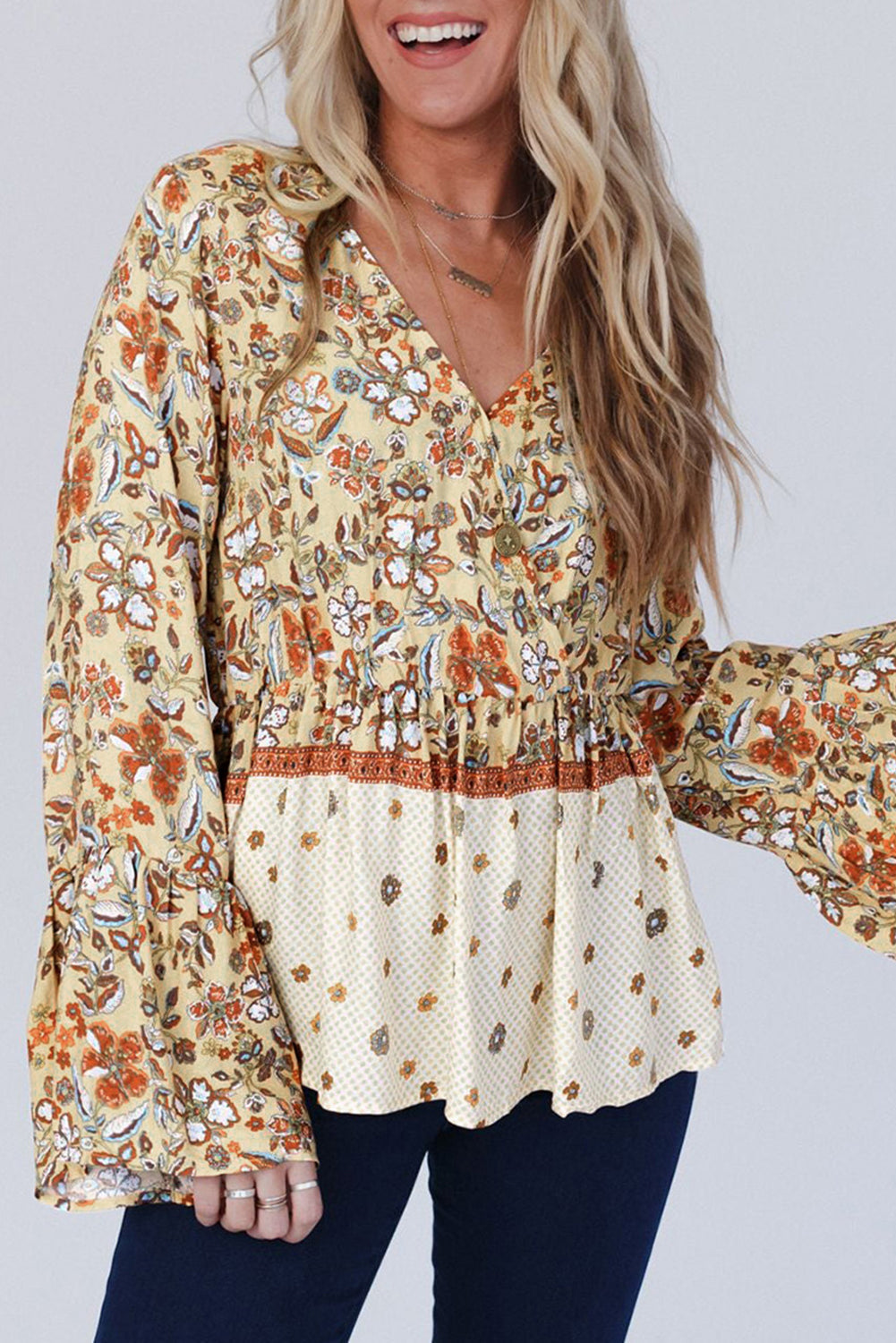Yellow Printed Floral Bell Sleeve V Neck Wrapped Contrast Peplum Blouse Kittybear Krafts
