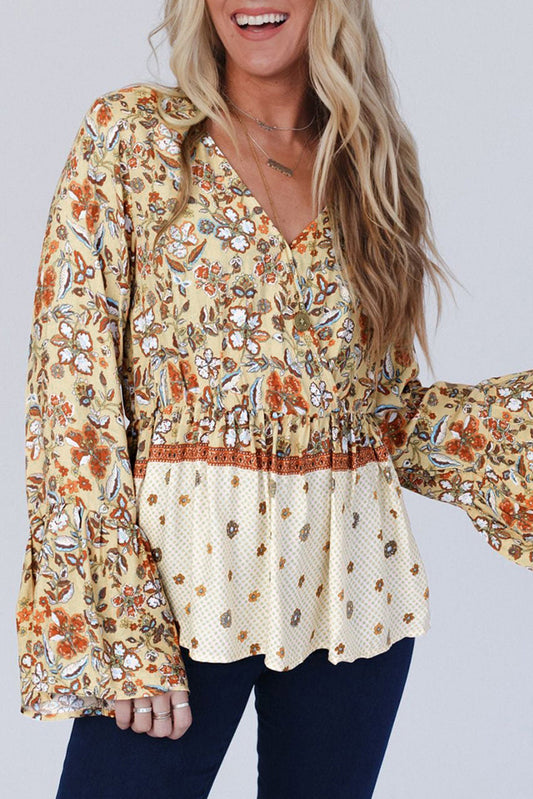 Yellow Printed Floral Bell Sleeve V Neck Wrapped Contrast Peplum Blouse Kittybear Krafts