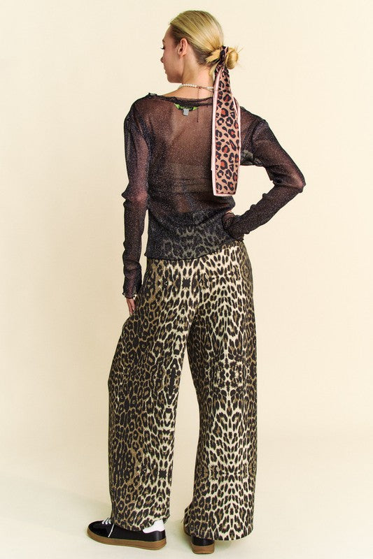 Davi & Dani Glitter Mesh Lettuce Hem Long Sleeve Top Trendsi