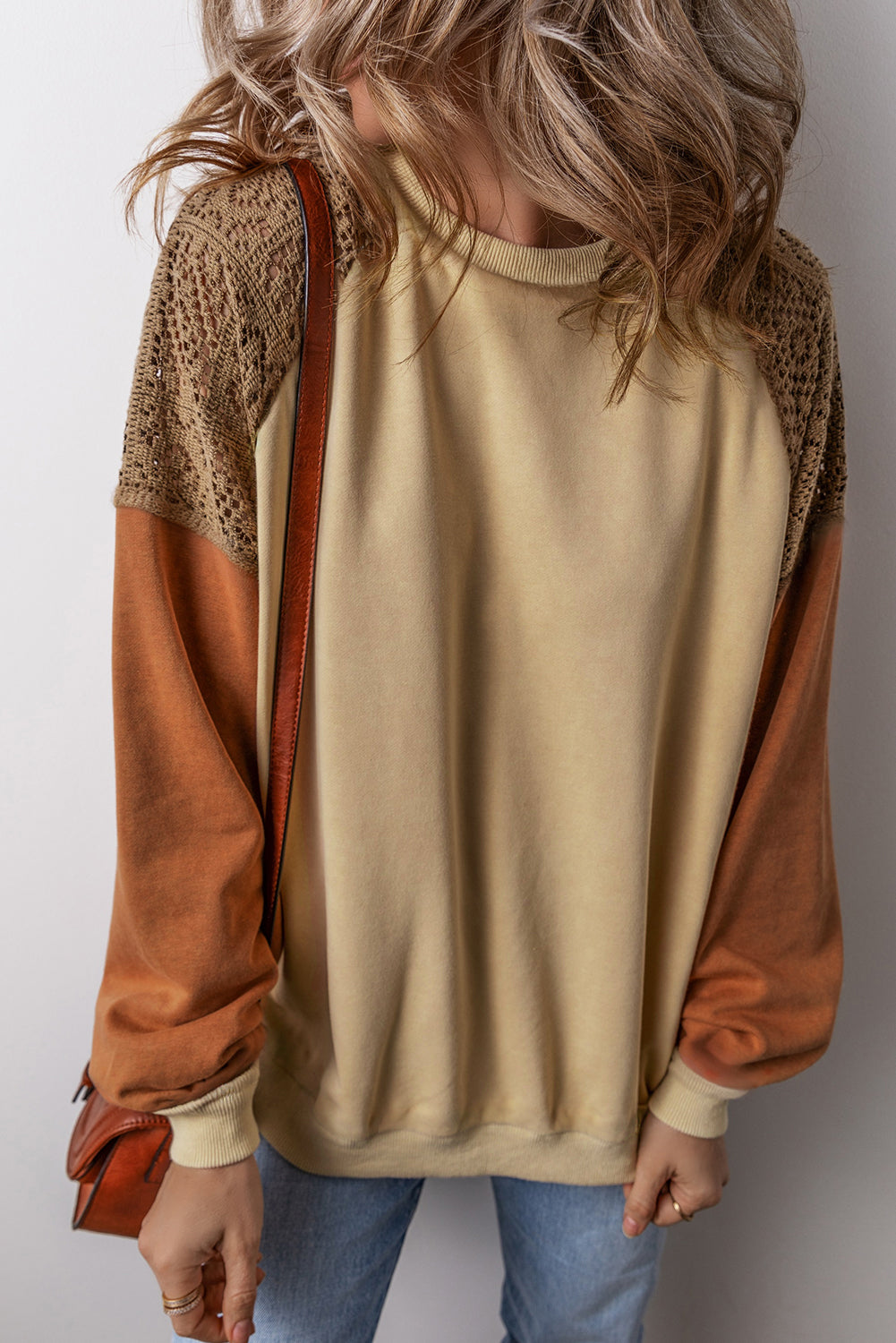 Khaki Lace Patchwork Colorblock Drop Shoulder Oversized Sweatshirt Kittybear Krafts