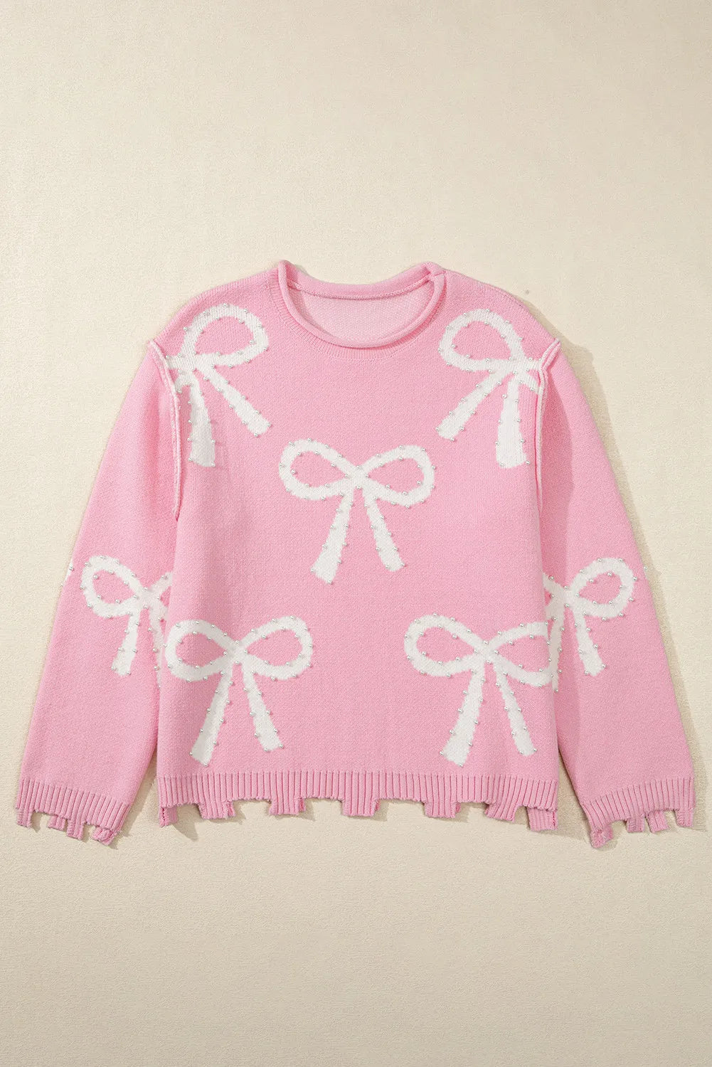 Pearl Detail Pink Bow Round Neck Long Sleeve Sweater Trendsi
