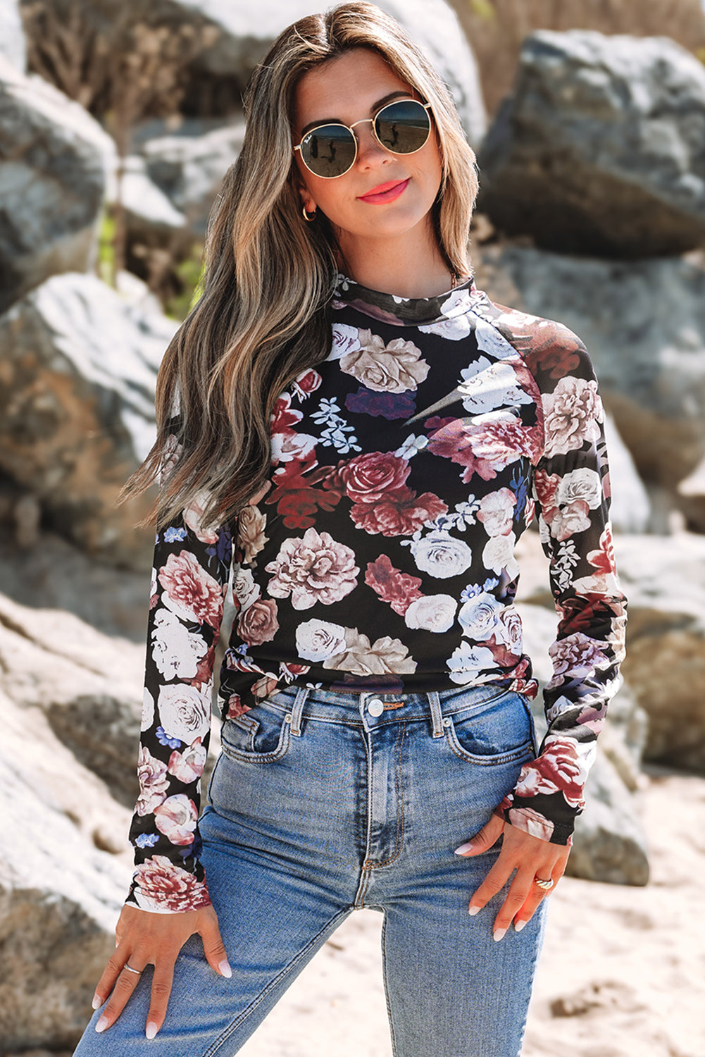 Pink Mesh Floral Print Mock Neck Long Sleeve Slim Top Kittybear Krafts