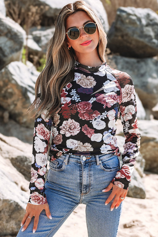 Pink Mesh Floral Print Mock Neck Long Sleeve Slim Top Kittybear Krafts