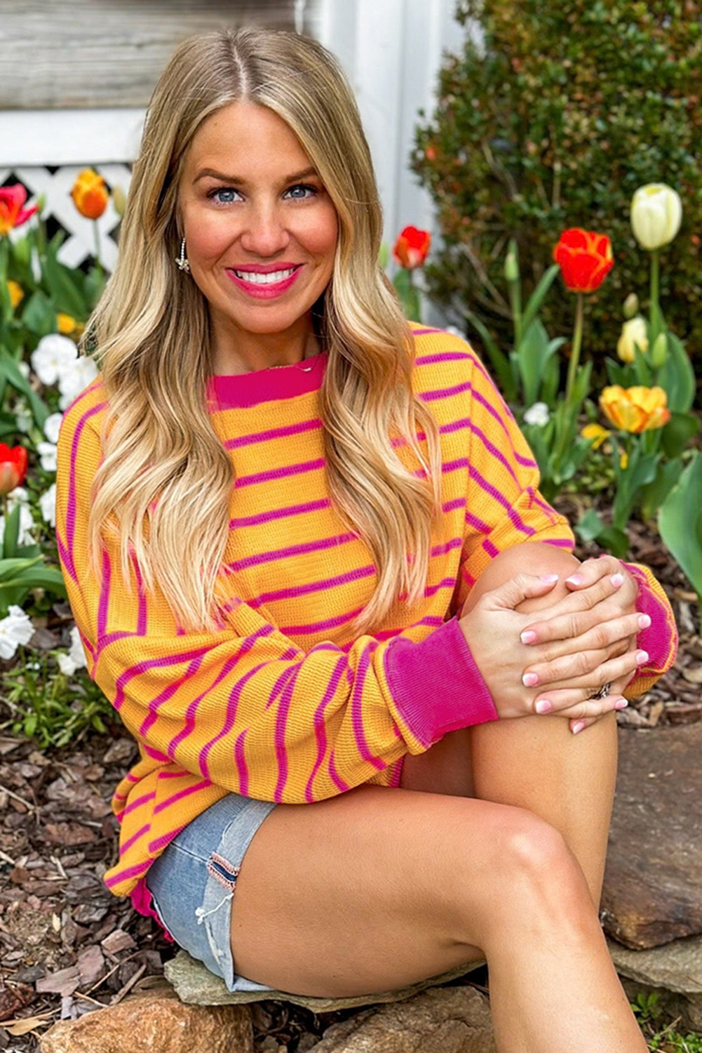 Orange Stripe Trimmed Round Neck Drop Shoulder Loose Sweater Kittybear Krafts