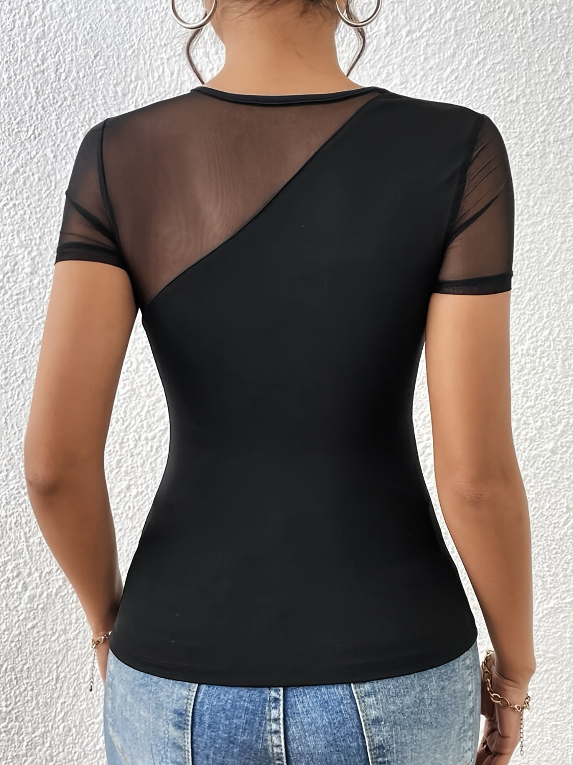 Mesh Patchwork Round Neck Short Sleeve Semi-Sheer  Top