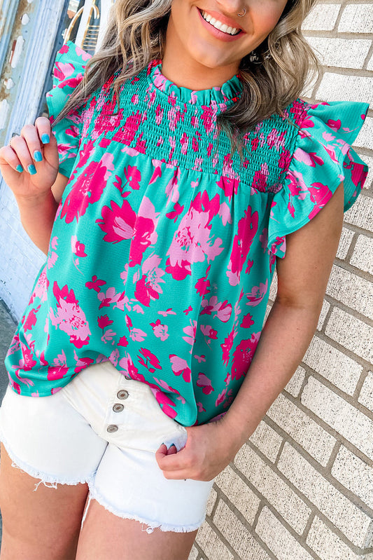Green Floral Ruffled Flutter Sleeve Ruched Blouse Kittybear Krafts