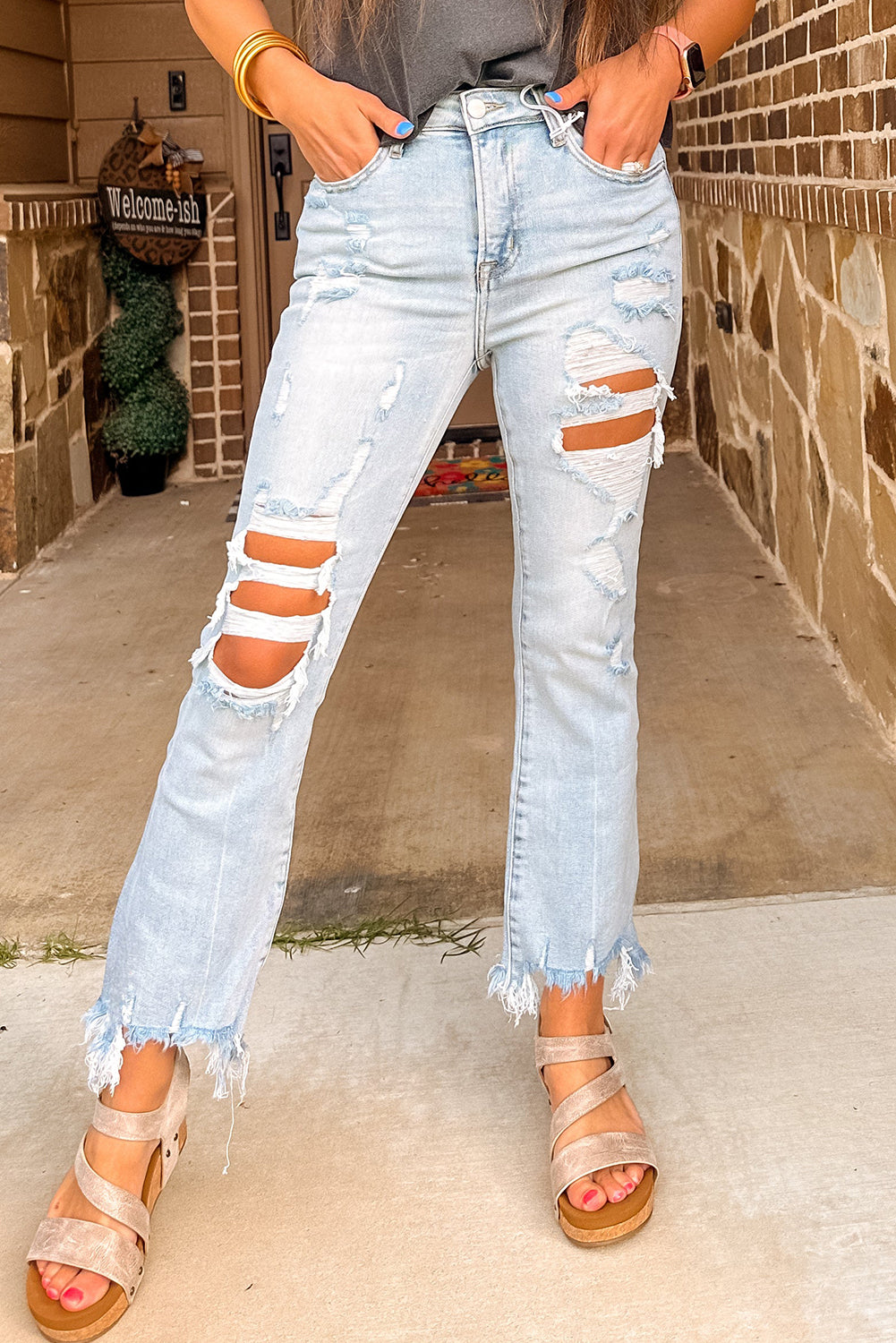 Beau Blue Light Wash Distressed Straight Leg Slim Fit Jeans Kittybear Krafts