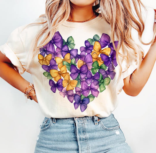 Mardi Gras Coquette Bow Heart Graphic T-Shirt Gunpowder and Lace Boutique Nac