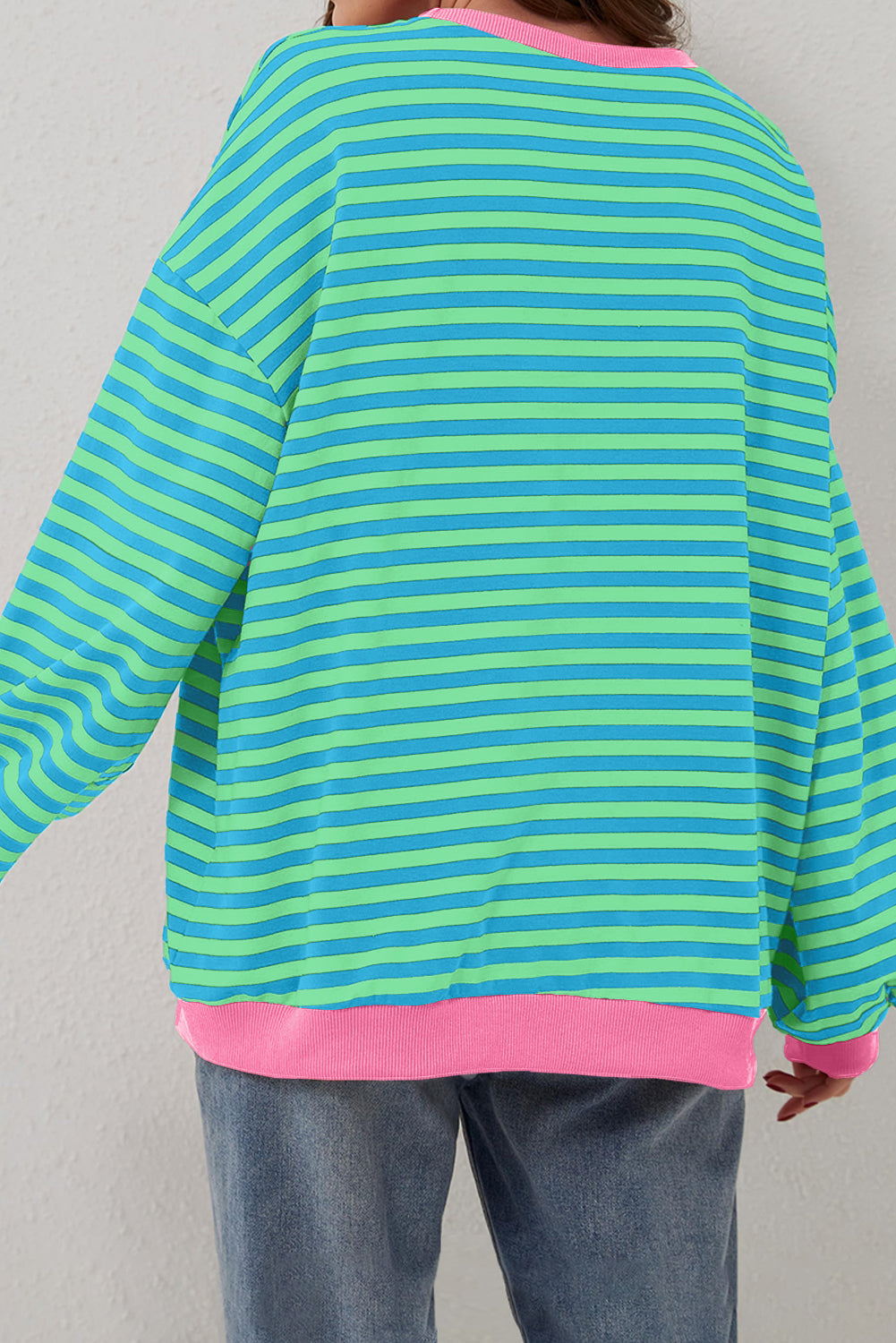 Sky Blue Stripe Oversized Contrast Trim Pullover Sweatshirt Kittybear Krafts