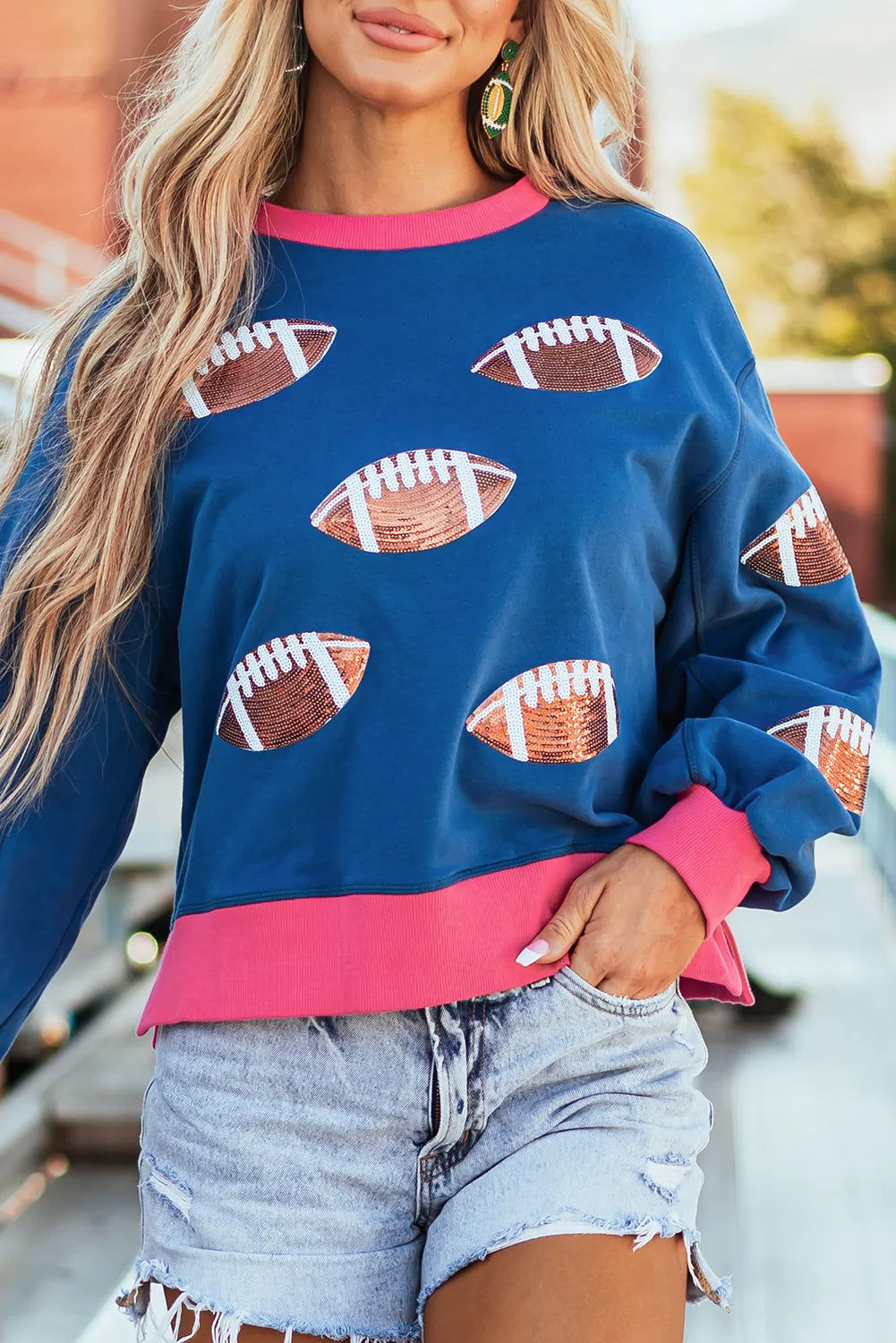 Sequin Contrast Football Long Sleeve Sweater - Kittybear Krafts