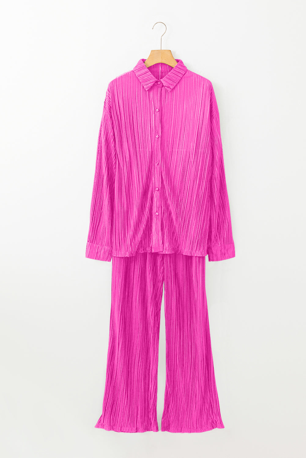Rose Pleated Long Sleeve Shirt and Wide-Leg Pants Set Kittybear Krafts