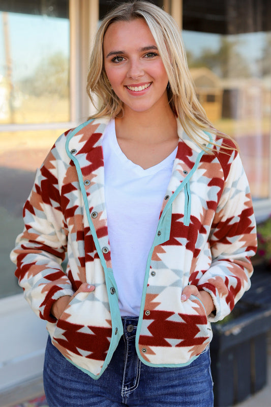 Fiery Red Western Aztec Buttoned Zipper Pockets Fleece Jacket Kittybear Krafts