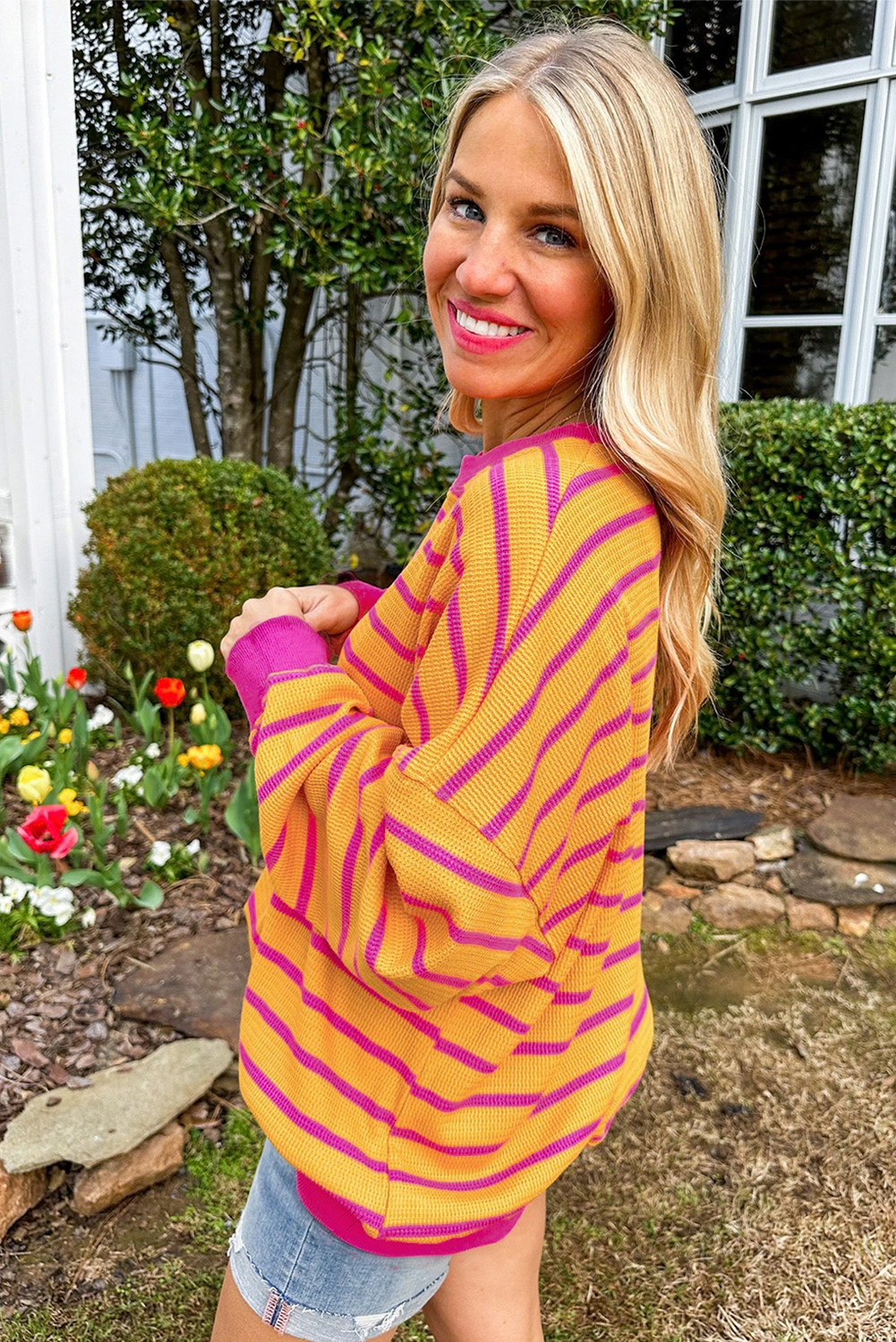 Orange Stripe Trimmed Round Neck Drop Shoulder Loose Sweater Kittybear Krafts