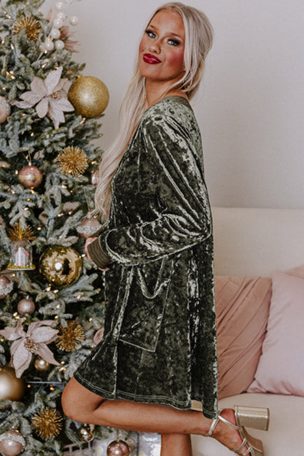 Jungle Green Velvet Long Sleeve V Neck Loose Dress with Pockets Kittybear Krafts