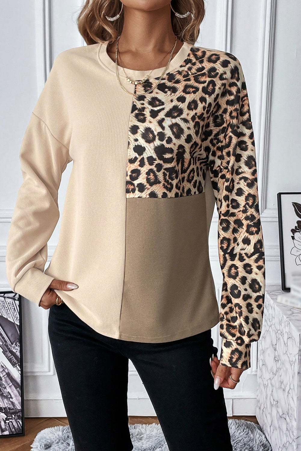 Pale Khaki Leopard Colorblock Waffle Knit Top Kittybear Krafts