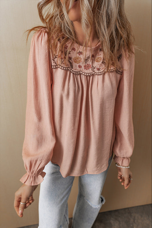 Gossamer Pink Floral Embroidered Textured Flounce Sleeve Elegant Blouse Kittybear Krafts
