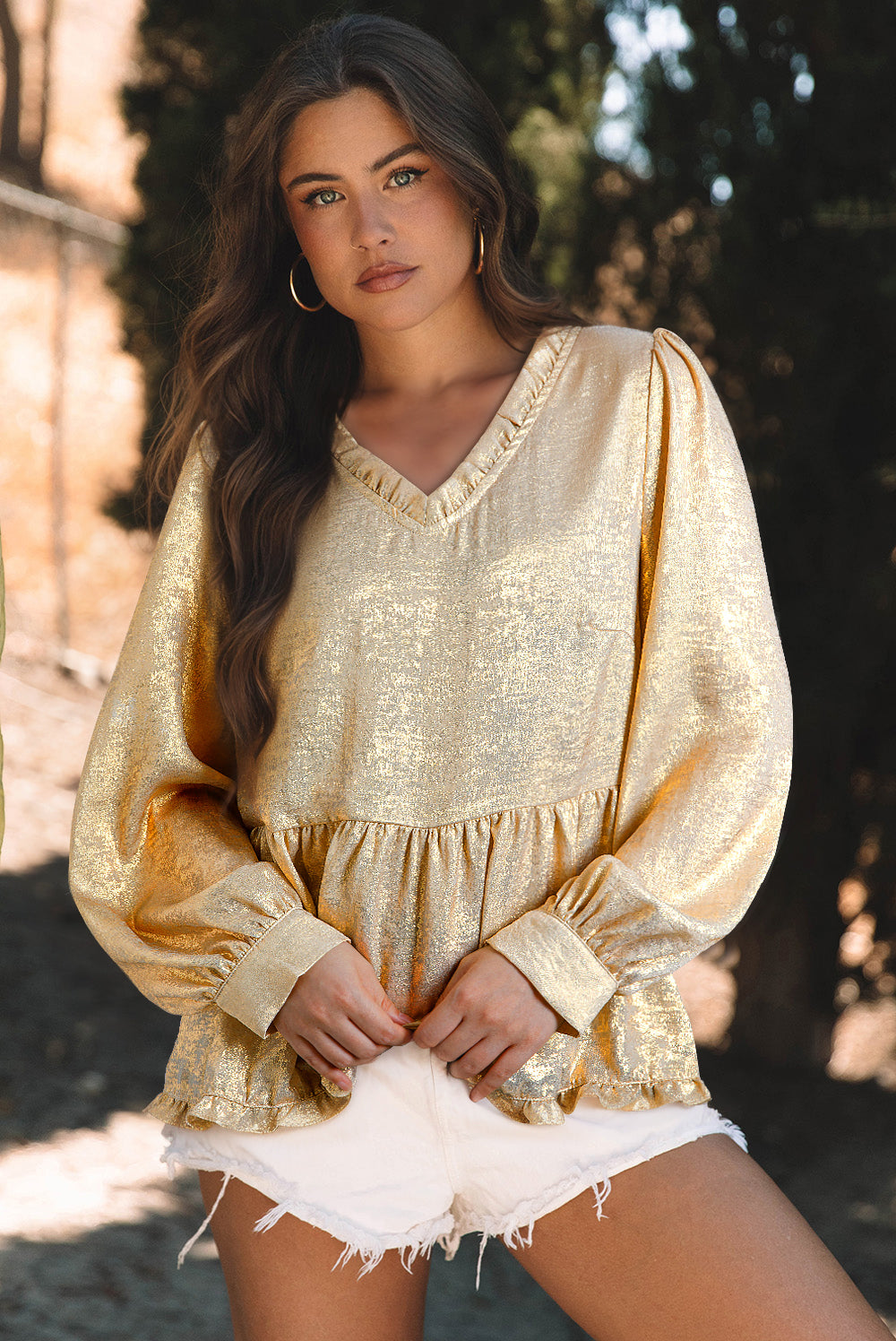 Gold Metallic Frilled V Neck Puff Sleeve Babydoll Blouse Kittybear Krafts