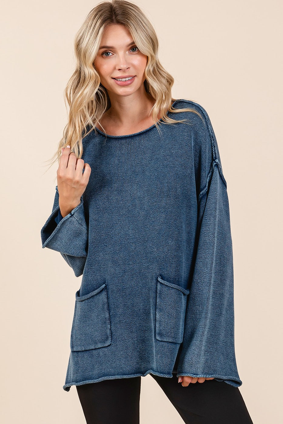 Mineral Wash Patch Pocket Cut Edge Sweatshirt Trendsi