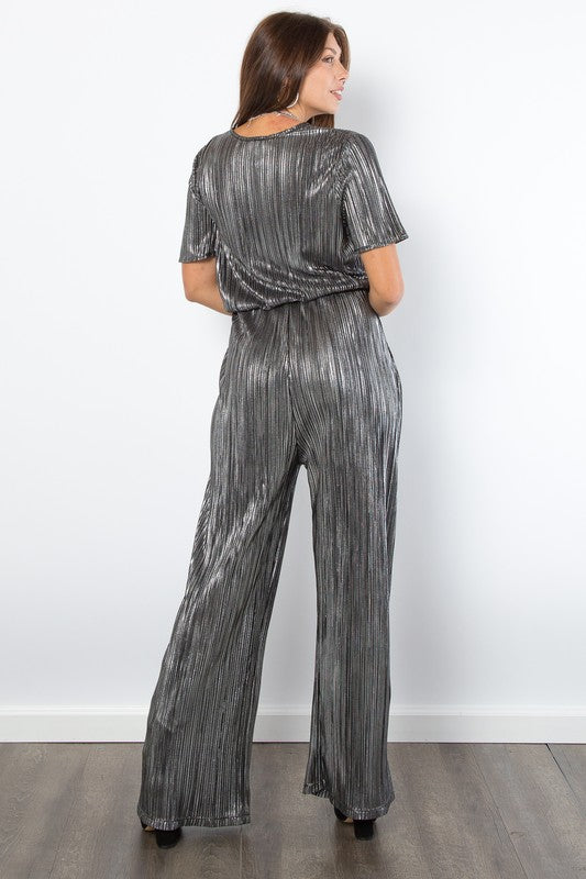 Be Stage Surplice Short Sleeve Pleated Foil Jumpsuit Trendsi