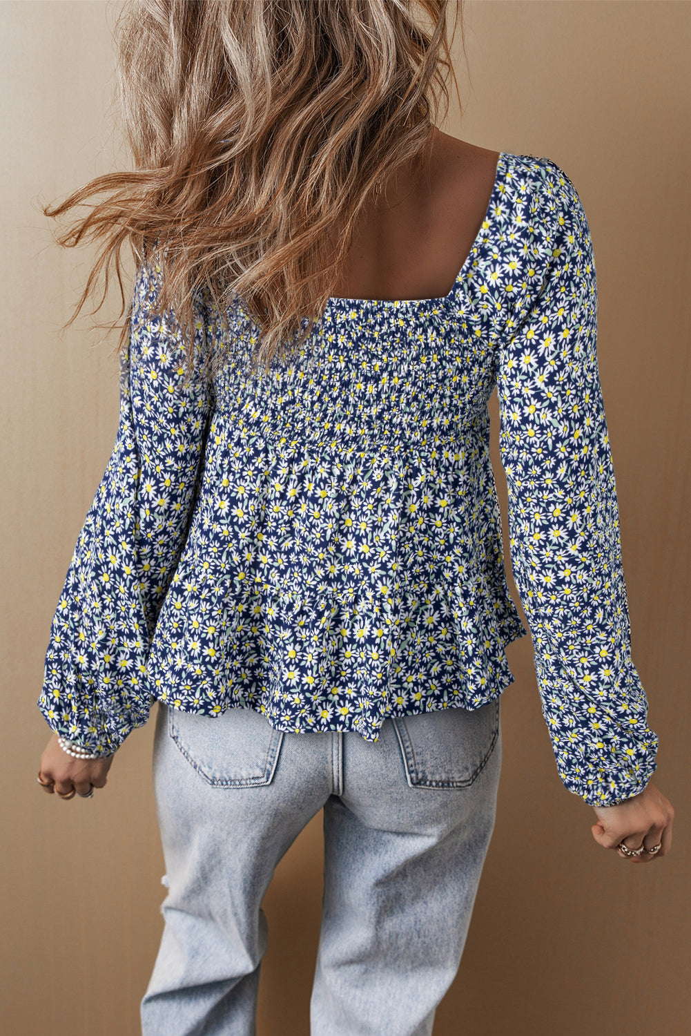 Blue Boho Floral Print Smocked Square Neck Loose Fit Blouse Kittybear Krafts