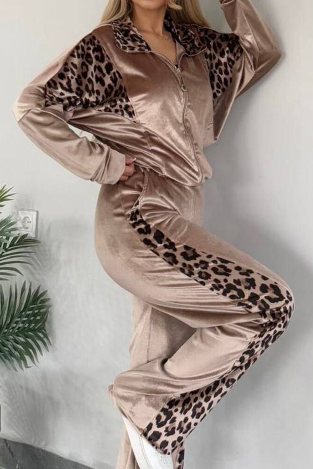 Full Size Collared Neck Leopard Zip Up Top and Pants Loungewear Set