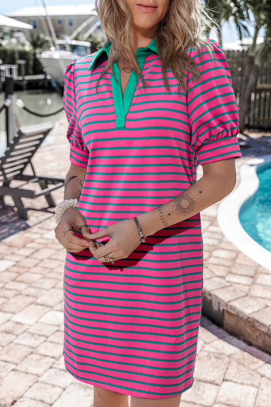 Pink Stripe Collared V Neck Puff Sleeve T Shirt Dress Kittybear Krafts