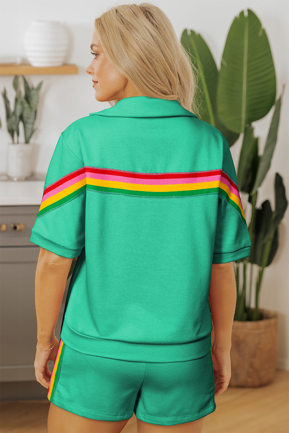 Sea Green Rainbow Colorblock Collared Short Sleeve Top 2 Piece Shorts Set Kittybear Krafts