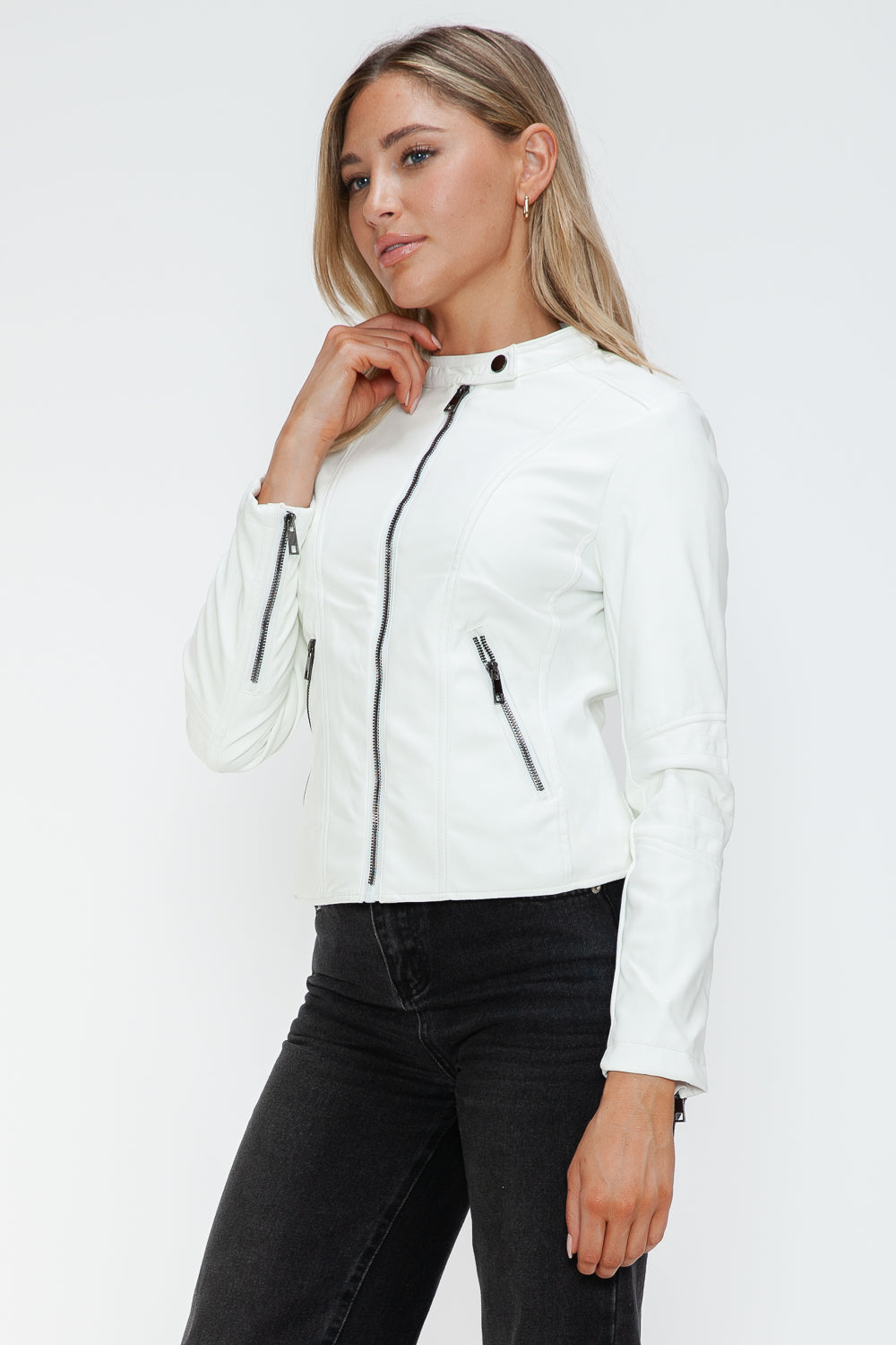 Snobbish Faux Leather Zip Up Drawstring Hooded Jacket Trendsi