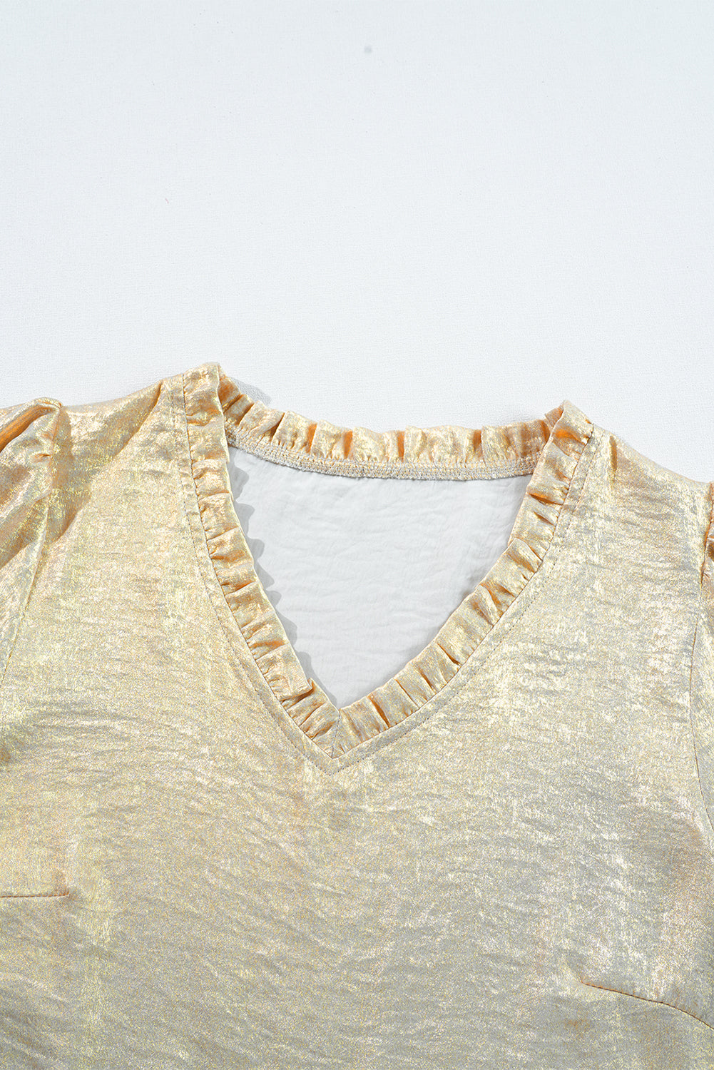 Gold Metallic Frilled V Neck Puff Sleeve Babydoll Blouse Kittybear Krafts