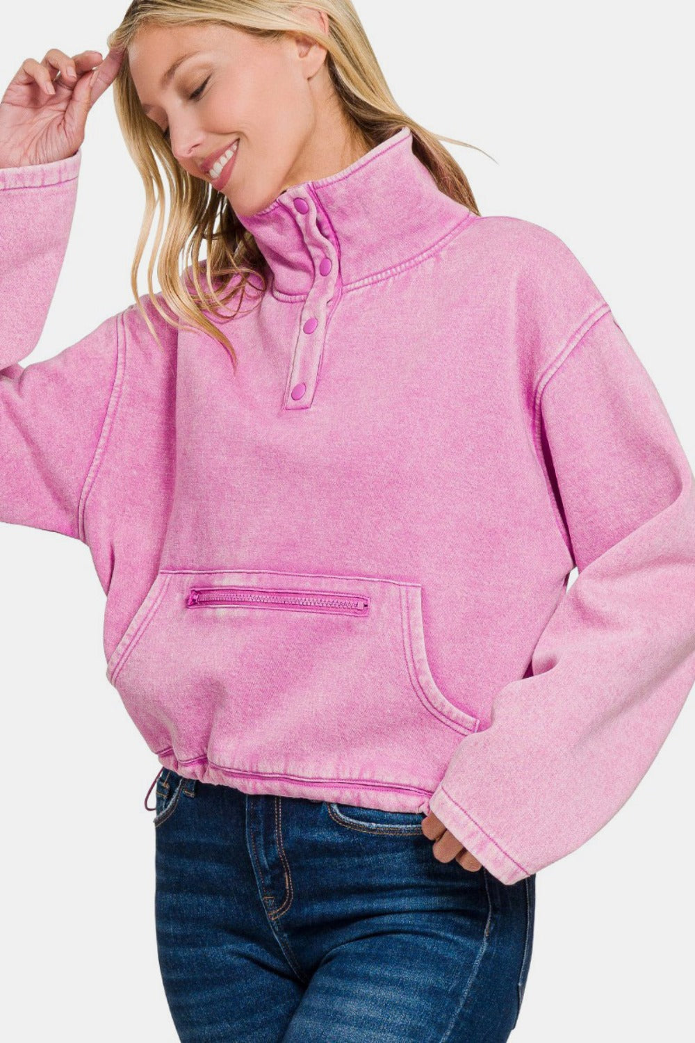 Zenana Acid Wash Fleece Half Snap Crop Sweatshirt with Pocket Trendsi