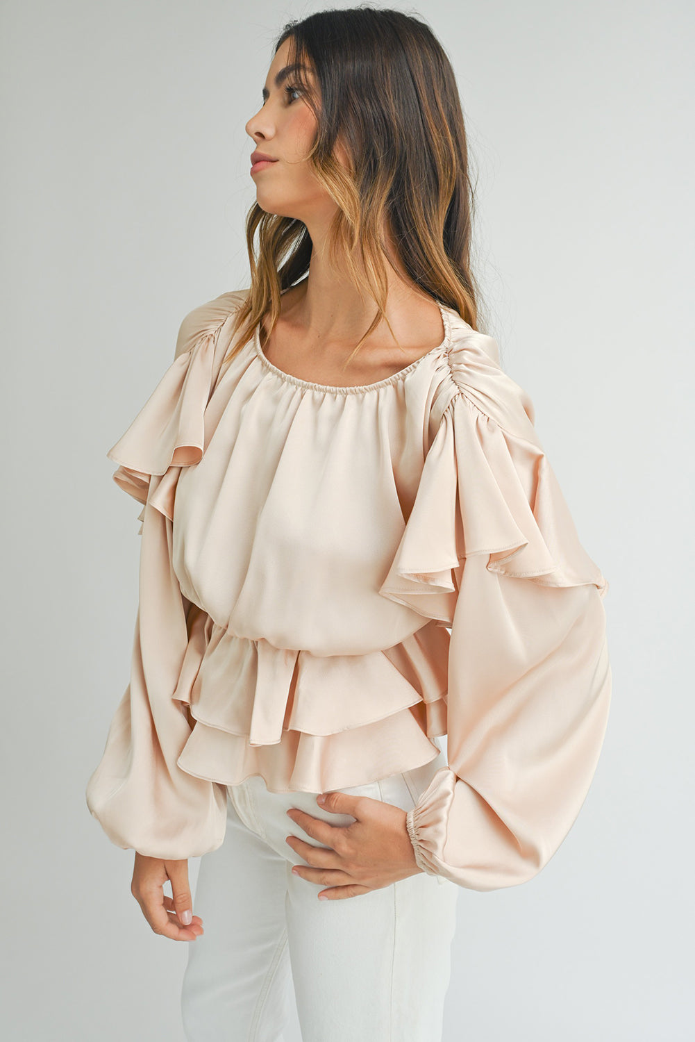 Oatmeal Lace-up Keyhole Back Ruffled Peplum Blouse Kittybear Krafts