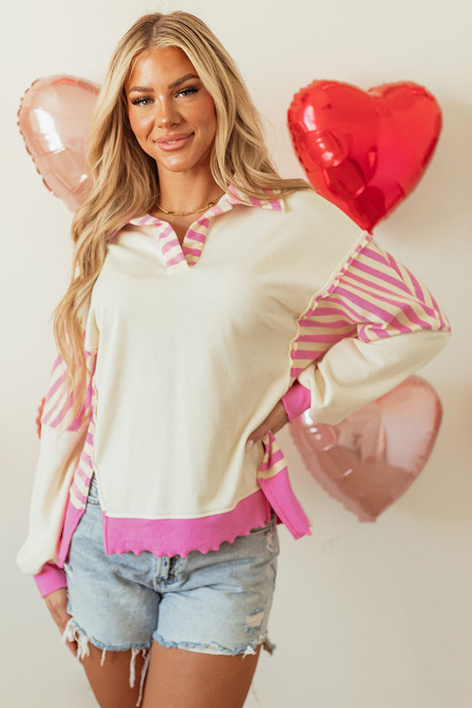 Pink Stripe Colorblock Patchwork Collared French Terry Knit Top Kittybear Krafts