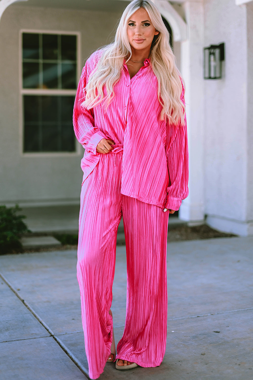 Rose Pleated Long Sleeve Shirt and Wide-Leg Pants Set Kittybear Krafts
