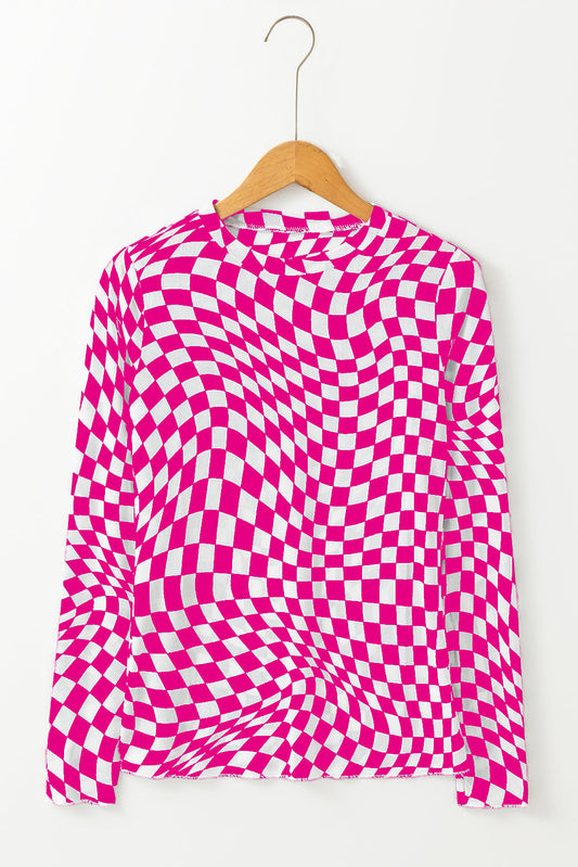 Rose Checkered Pattern Mesh Mock Neck Long Sleeve Top Kittybear Krafts
